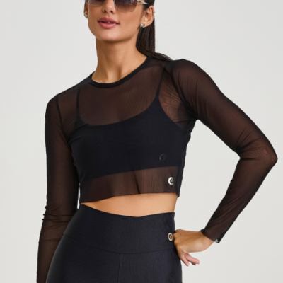 CROPPED DE TULE MANGA LONGA (PRETO)