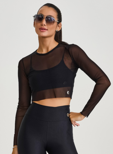 CROPPED DE TULE MANGA LONGA (PRETO)